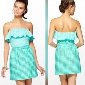 Lilly Pulitzer Athens Glenda Green Painterly Gingham Strapless Dress